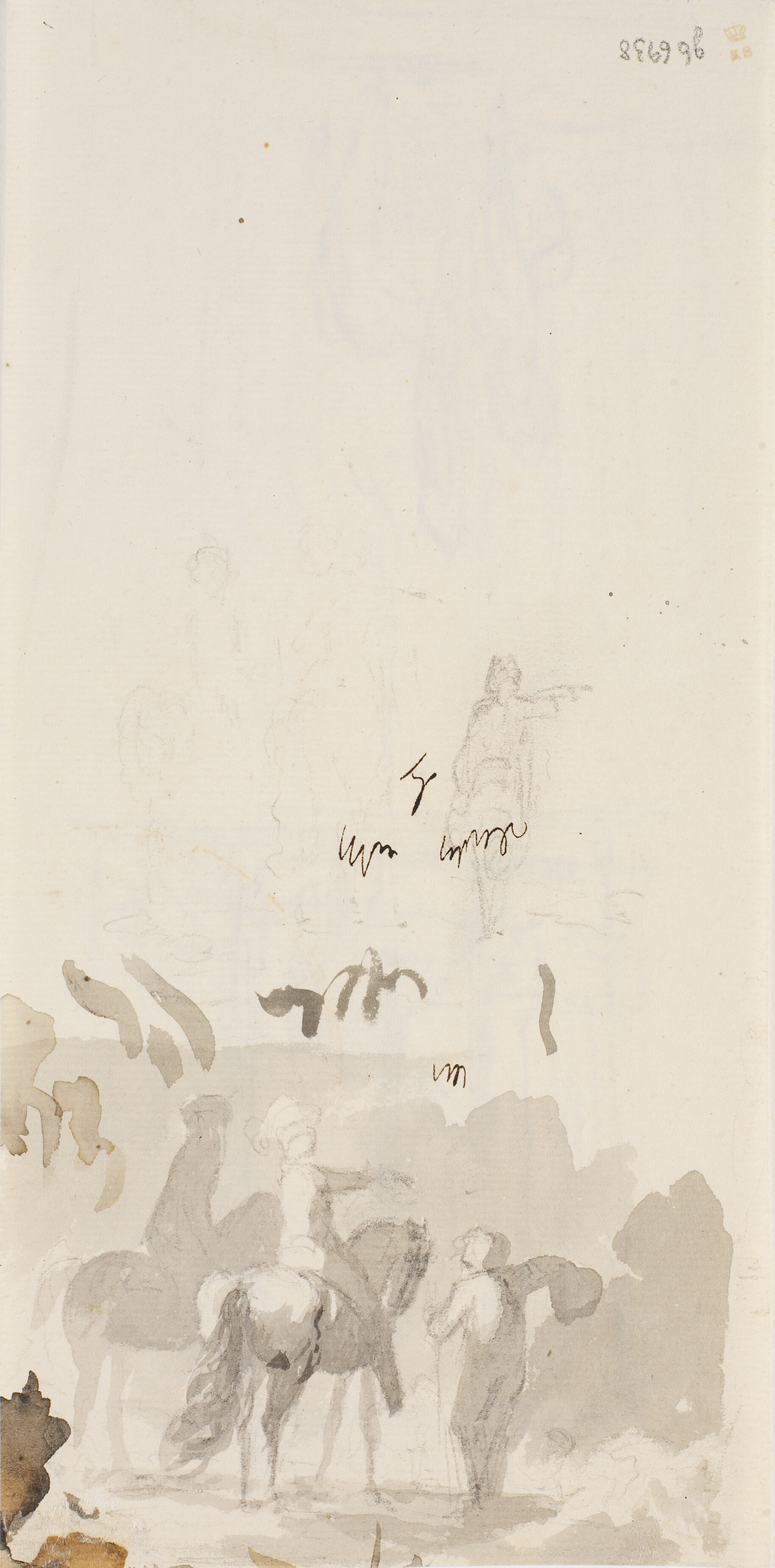 To ryttere og en stående mand med hatten i hånden. Samme motiv gentaget ovenfor i løs blyantsskitse